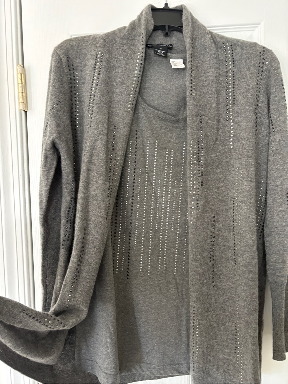 Sofia Cashmere Grey Rhinestone Open-Front Sweater Cardigan Set
